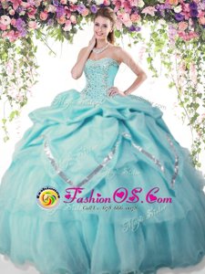 Aqua Blue Ball Gowns Beading and Pick Ups Quinceanera Dresses Lace Up Organza and Taffeta Sleeveless Floor Length