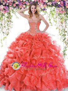 Sexy Sleeveless Beading and Ruffles Lace Up Quinceanera Gowns with Red Sweep Train