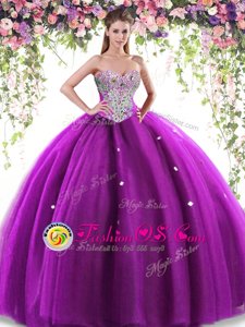 Purple Sweetheart Lace Up Beading and Ruffled Layers Ball Gown Prom Dress Sleeveless