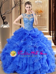 High End Scoop Sleeveless Lace Up Floor Length Beading and Ruffles 15th Birthday Dress