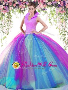 Lovely Halter Top Sleeveless Quince Ball Gowns Floor Length Beading and Lace and Appliques and Pick Ups Fuchsia Taffeta