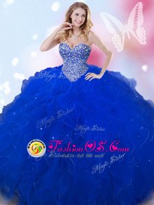 Royal Blue Tulle Lace Up Sweetheart Sleeveless Floor Length Sweet 16 Quinceanera Dress Beading