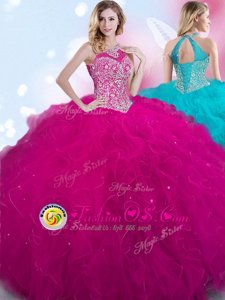 Decent Halter Top Sleeveless Lace Up Sweet 16 Quinceanera Dress Fuchsia Tulle