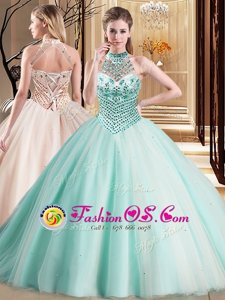 Halter Top Aqua Blue Lace Up Quinceanera Gowns Beading Sleeveless With Brush Train