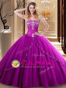 Pretty Fuchsia Lace Up Sweetheart Embroidery Sweet 16 Dresses Tulle Sleeveless