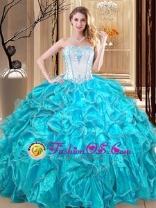 Ball Gowns Quinceanera Gowns Teal Strapless Organza Sleeveless Floor Length Lace Up