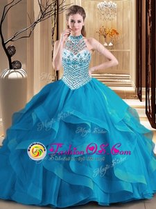 Tulle Halter Top Sleeveless Brush Train Lace Up Beading and Ruffles Quinceanera Gown in Blue