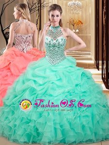High End Halter Top Beading and Pick Ups Quinceanera Gowns Royal Blue Lace Up Sleeveless With Brush Train
