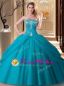 Teal Quince Ball Gowns Military Ball and Sweet 16 and Quinceanera and For with Embroidery Sweetheart Sleeveless Lace Up