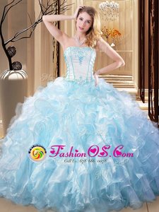Light Blue Lace Up Strapless Embroidery and Ruffles Quinceanera Gown Organza Sleeveless