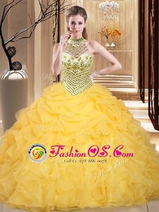 Yellow Halter Top Lace Up Beading and Ruffles and Pick Ups Vestidos de Quinceanera Sleeveless