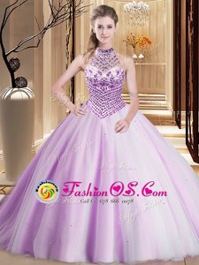 Lilac Halter Top Neckline Beading 15 Quinceanera Dress Sleeveless Lace Up
