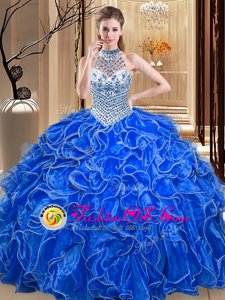 Custom Fit Halter Top Royal Blue Ball Gowns Beading and Ruffles Quinceanera Gown Lace Up Organza Sleeveless Floor Length