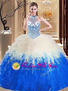 Halter Top Sleeveless Tulle Floor Length Lace Up Quince Ball Gowns in Blue And White for with Beading and Ruffles