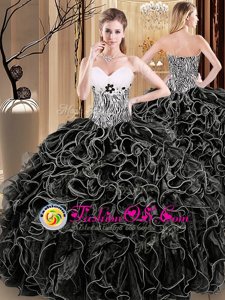Decent Black Ball Gowns Organza Sweetheart Sleeveless Ruffles and Pattern Floor Length Lace Up Sweet 16 Dresses