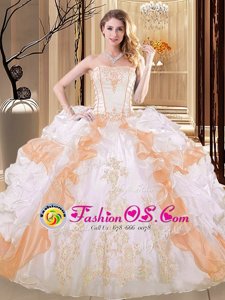 White and Yellow Lace Up Quince Ball Gowns Embroidery and Ruffled Layers Sleeveless Floor Length