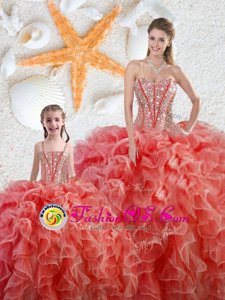Sleeveless Organza Floor Length Lace Up Vestidos de Quinceanera in Coral Red for with Beading and Ruffles