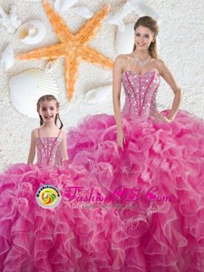 Stunning Hot Pink Sleeveless Beading and Ruffles Floor Length Ball Gown Prom Dress