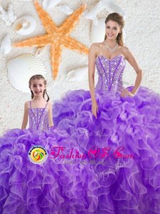 Smart Sleeveless Floor Length Beading and Ruffles Lace Up Quinceanera Dress with Purple