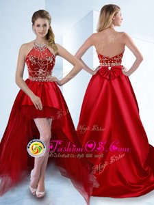 Graceful Halter Top Sleeveless Dress Like A Star High Low Beading Red Satin