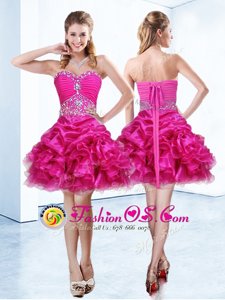 High Class Hot Pink Sleeveless Mini Length Beading and Ruffles and Pick Ups Lace Up Prom Evening Gown
