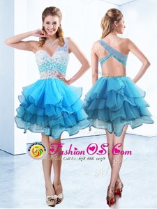 Fabulous Aqua Blue Prom and Party and For with Beading and Ruffled Layers One Shoulder Sleeveless Criss Cross