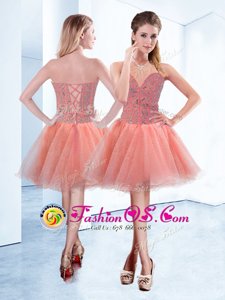 Peach A-line Sweetheart Sleeveless Tulle Mini Length Lace Up Beading Homecoming Dress