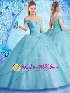 Off the Shoulder Tulle Sleeveless With Train Quinceanera Dresses Brush Train and Beading