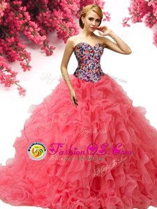 Coral Red Quince Ball Gowns Military Ball and Sweet 16 and Quinceanera and For with Beading and Ruffles Sweetheart Sleeveless Brush Train Lace Up