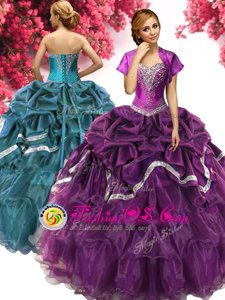 Custom Fit Floor Length Dark Purple Quinceanera Dress Organza and Taffeta Sleeveless Beading and Ruffles and Pick Ups