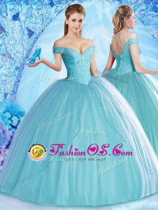 High Quality Off the Shoulder Beading Quince Ball Gowns Aqua Blue Lace Up Sleeveless Floor Length