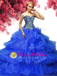 Sumptuous Ruffled Sweetheart Sleeveless Lace Up Ball Gown Prom Dress Royal Blue Organza
