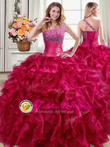 High End One Shoulder Floor Length Ball Gowns Sleeveless Fuchsia Vestidos de Quinceanera Lace Up