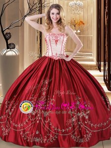 Comfortable Strapless Sleeveless Quince Ball Gowns Floor Length Embroidery Wine Red Taffeta