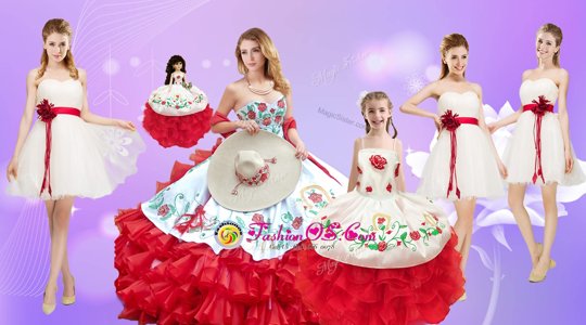 New Style White And Red Ball Gowns Beading and Ruffles Sweet 16 Dress Lace Up Organza Sleeveless Floor Length