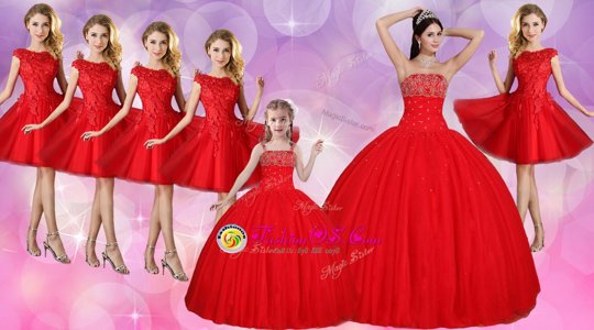 Glorious Floor Length Red Quinceanera Dress Tulle Sleeveless Beading
