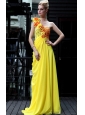 Yellow Empire One Shoulder Floor-length Chiffon Appliques Prom Dress