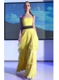 Yellow Empire Strapless Floor-length Chiffon Belt and Ruch Prom Dress