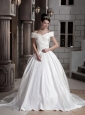 Brand New Ball Gown Off The Shoulder Chapel Train Satin Beading Wedding Dress