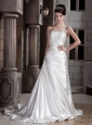 Modern A-line / Princess One Shoulder Court Train Elastic Woven Satin Beading and Appliques Wedding Dress