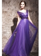 Purple Column / Sheath V-neck Floor-length Chiffon and Tulle Beading Prom / Evening Dress