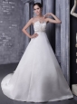 Affordable  A-Line / Princess Strapless Chapel Train Satin Beading Wedding Dress