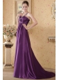 Eggplant Empire One Shoulder Brush Train Elastic Woven Satin Beading and Ruch Prom / Graduation Dress