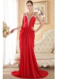 Red Column Halter Chapel Train Chiffon Beading and Ruch Prom Dress