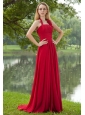 Red Empire Halter Brush Train Chiffon Ruch Prom Dress