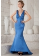 Sky Blue Mermiad V-neck Brush Train Elastic Woven Satin Ruch Prom / Evening Dress