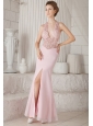 Baby Pink Column V-neck Floor-length Chiffon Appliques Prom / Evening Dress
