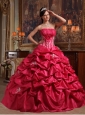 Affordable Coral Red Quinceanera Dress Strapless Appliques Taffeta Ball Gown