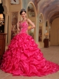 Beautiful Hot Pink Quinceanera Dress Spaghetti Straps Organza Embroidery Ball Gown