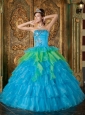 Cheap Blue Quinceanera Dress Strapless Organza Ruffles Ball Gown